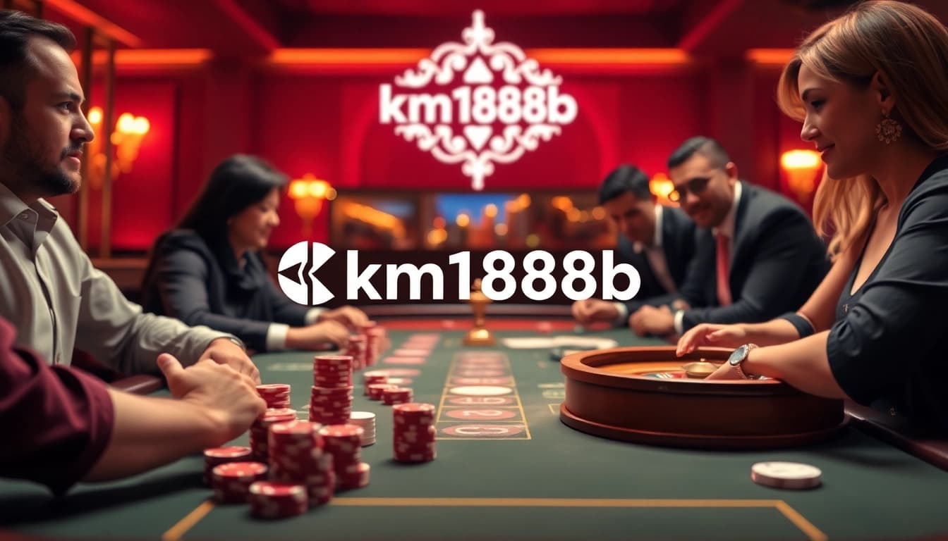 Exciting online casino scene featuring poker table gameplay at km1888b with vibrant chips and dice.