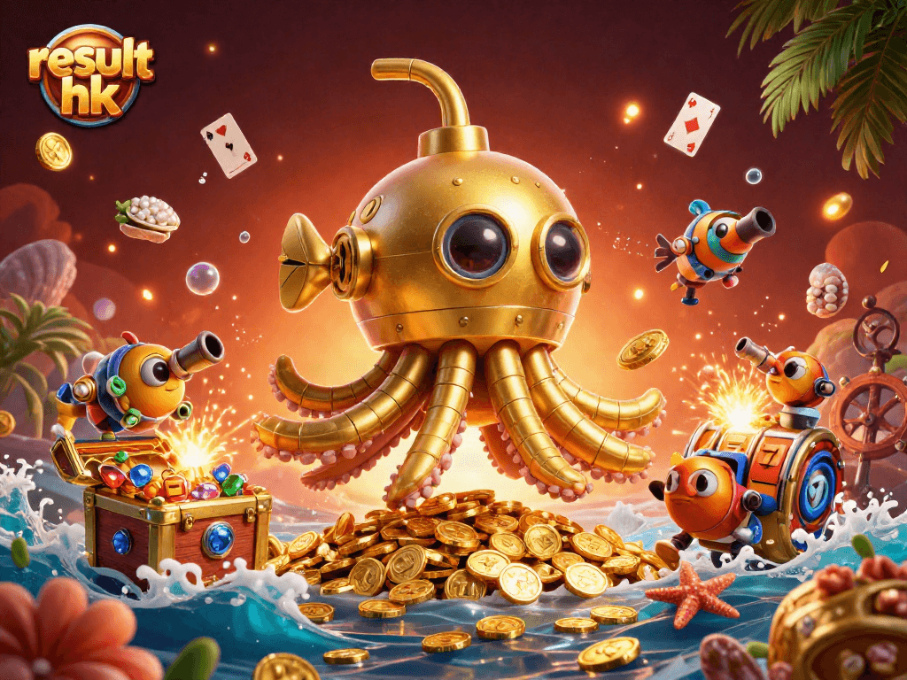Engage with result hk in a vibrant underwater casino scene filled with gold coins and slot reels.