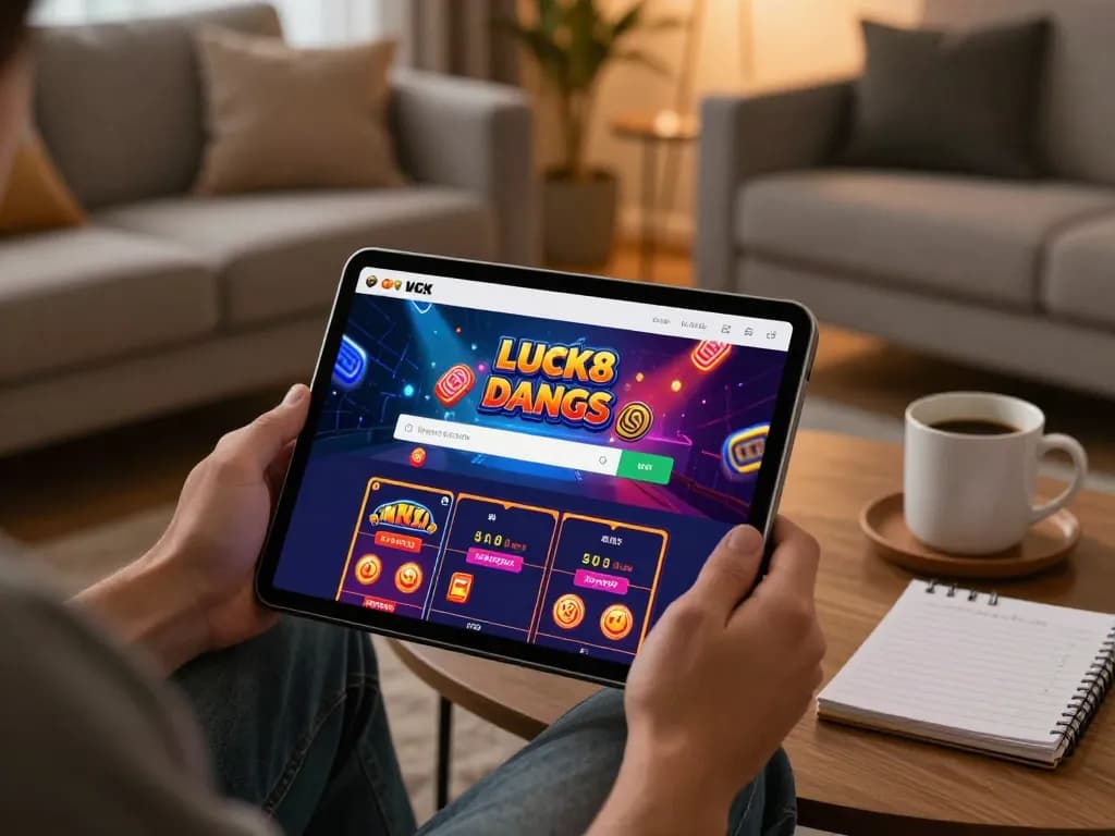 Using luck8 đăng nhập for online gaming on a tablet in a cozy home setting with strategic notes.