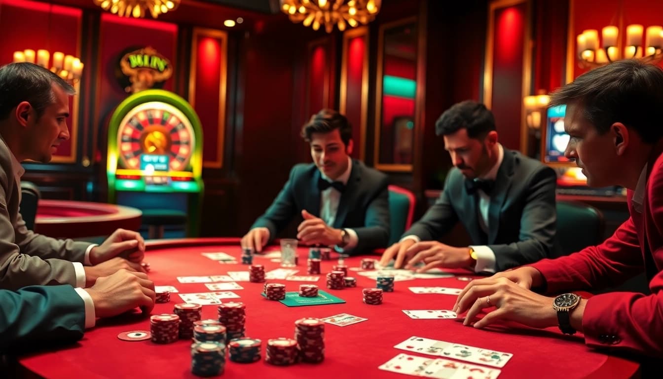 Experience thrilling gameplay at https://five88.za.com/ with professional poker players at a luxury casino table.