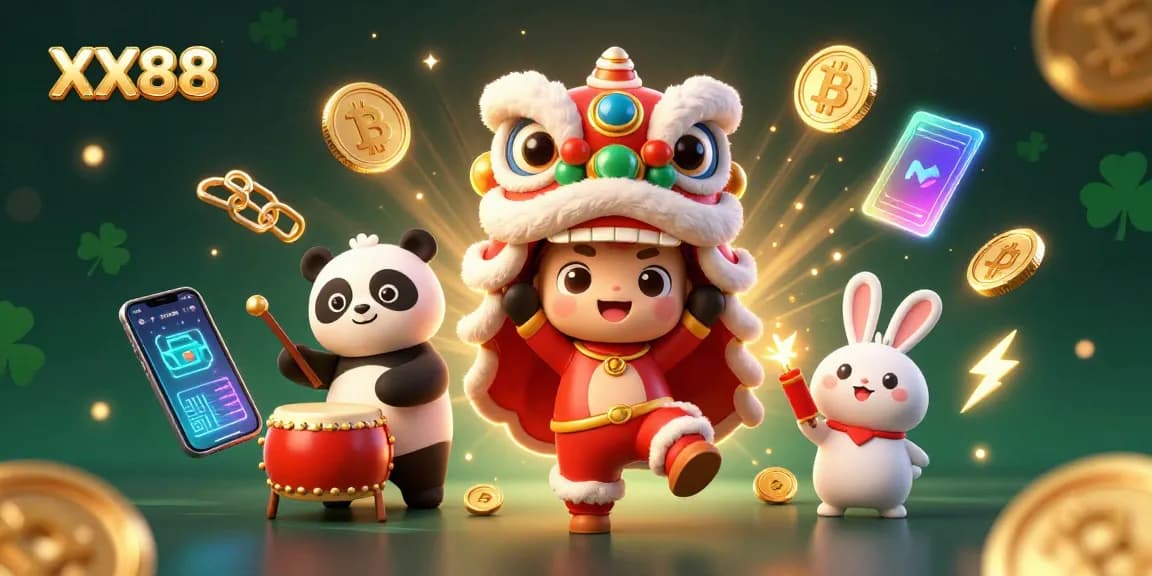 Experience thrilling activities at XX88's vibrant casino with an engaging lion dance and crypto elements.
