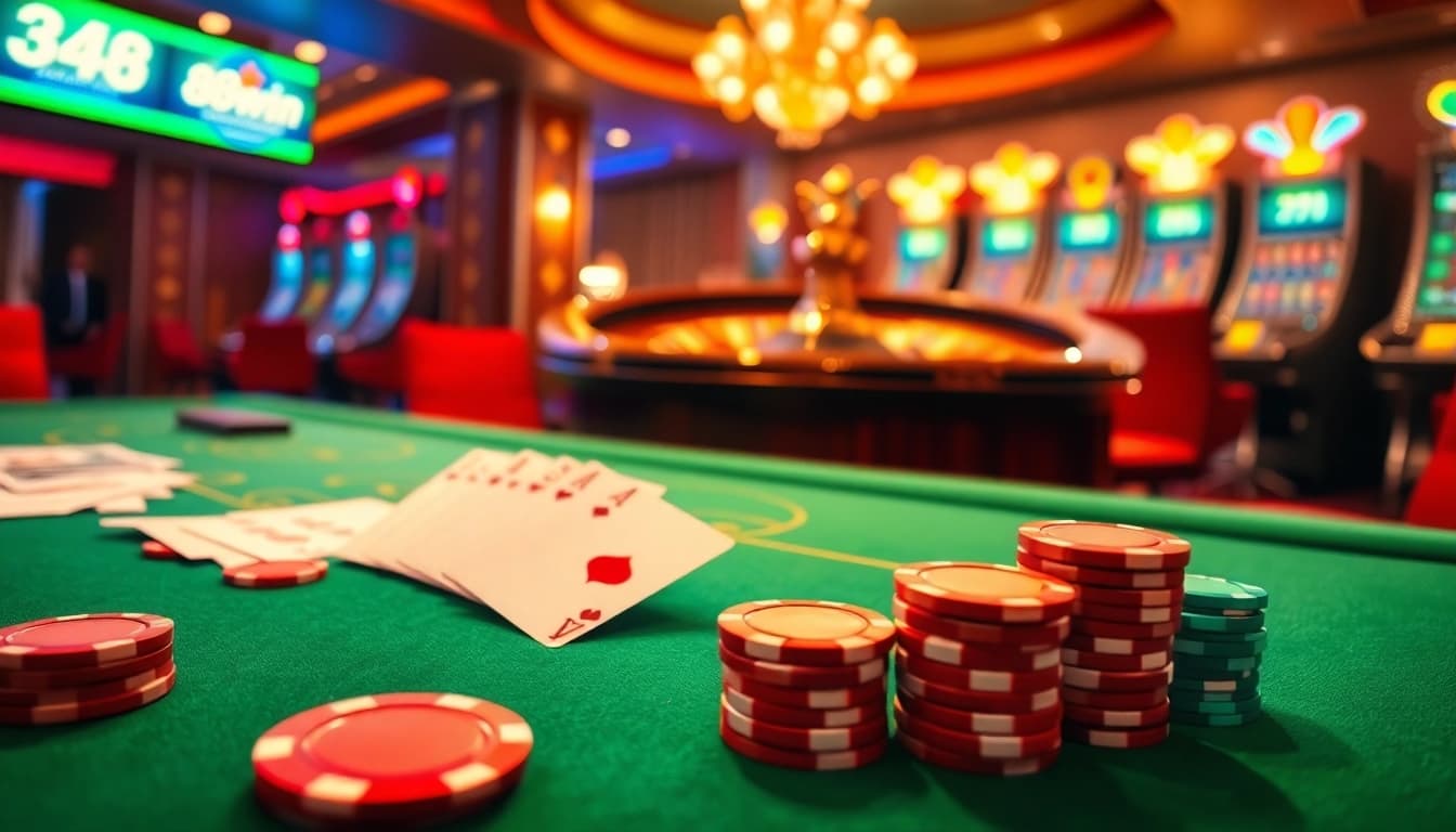 Players enjoying a thrilling poker game at 98win.com, showcasing vibrant chips and cards.