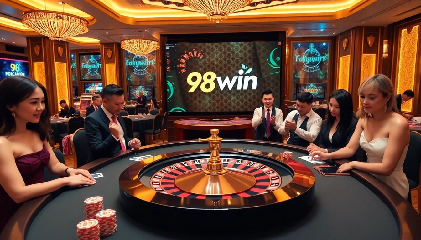 Experience the excitement of 98win's luxurious casino table atmosphere with vibrant poker chips.