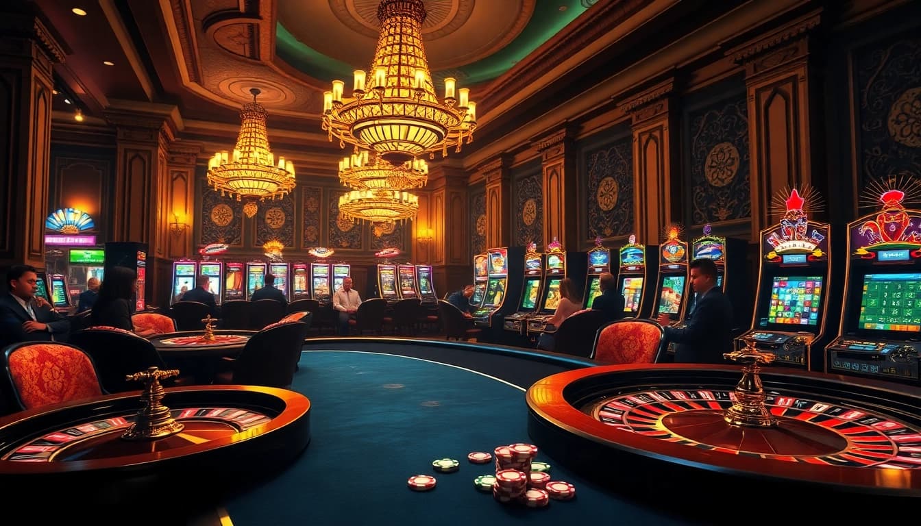 Engaging casino scene at tylenhacai7.com featuring poker tables and vibrant slot machines.