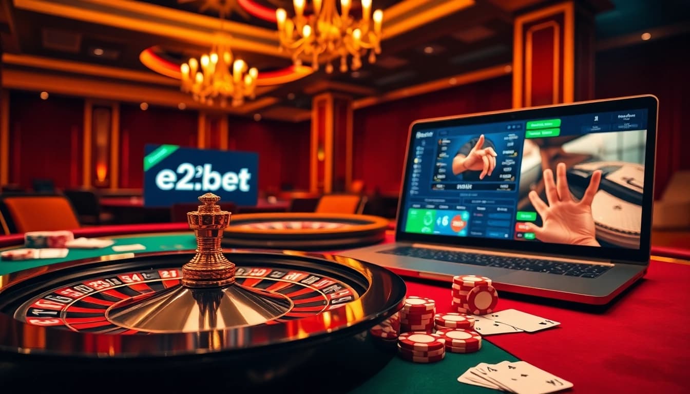 Experience the thrill of e2bet online casino with a digital roulette wheel and poker table.