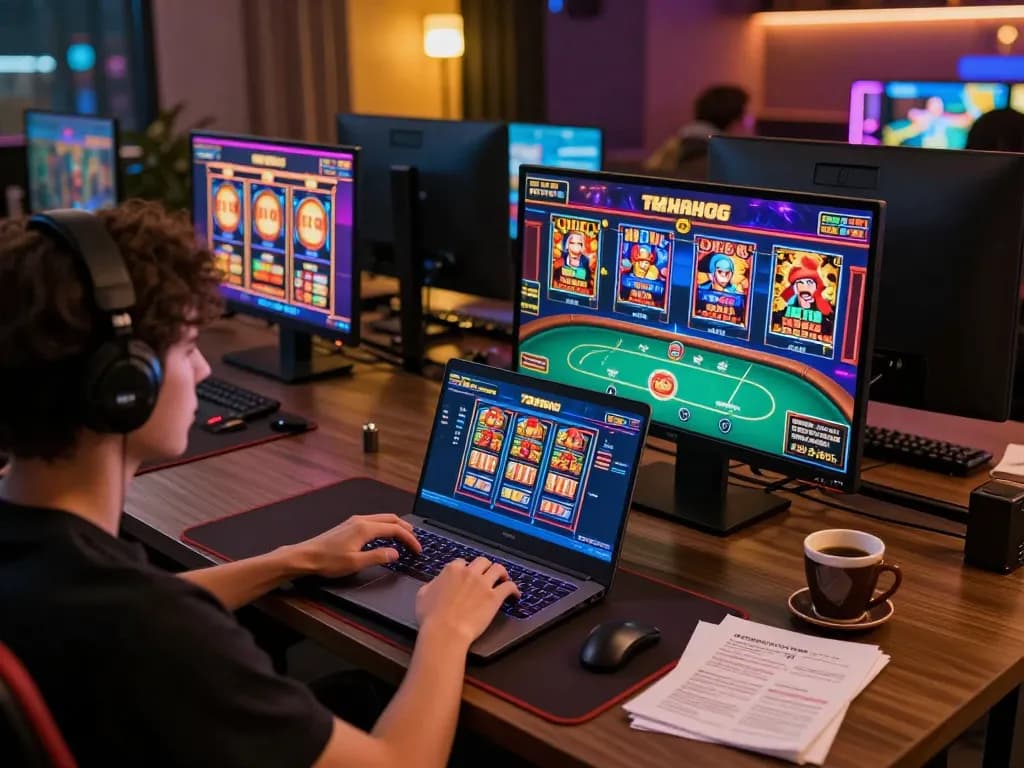Engaging in 789win online gaming experience with laptop displaying vibrant casino action