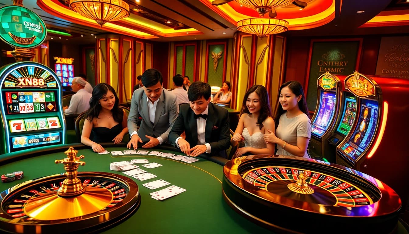 Players enjoy their gambling experience at xn88com, engaging with poker tables and slot machines in a vibrant casino setting.