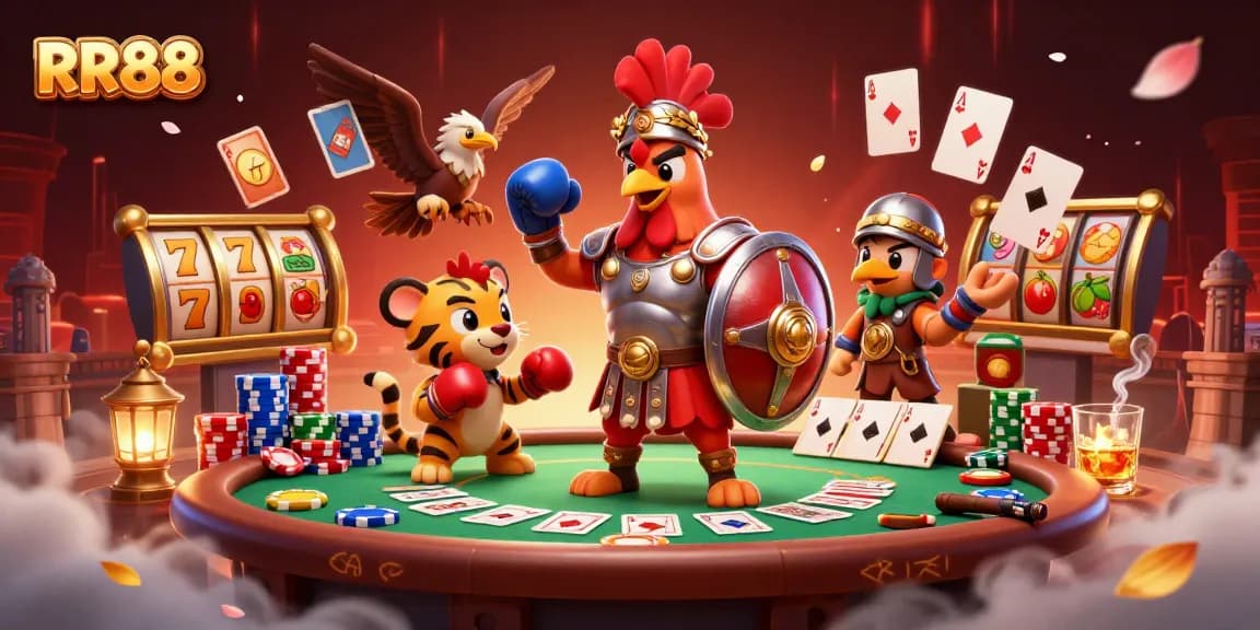 Experience exciting gameplay at RR88 with a dazzling scene featuring a poker showdown and characters in vibrant action.