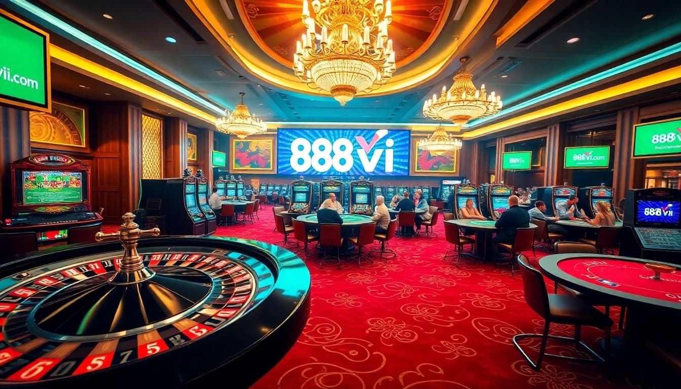 Experience high-stakes excitement at 888vi.com with sophisticated casino elements featuring roulette wheels and slot machines.