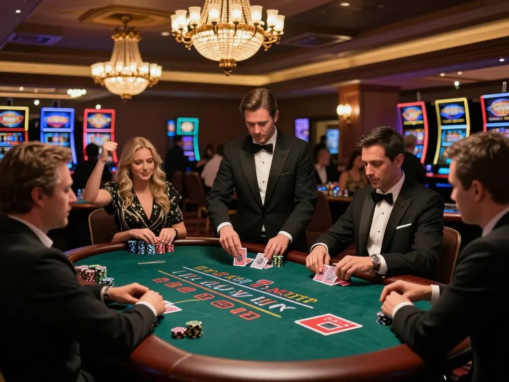 Players at vin88 blackjack table celebrate wins, creating an exciting casino atmosphere.