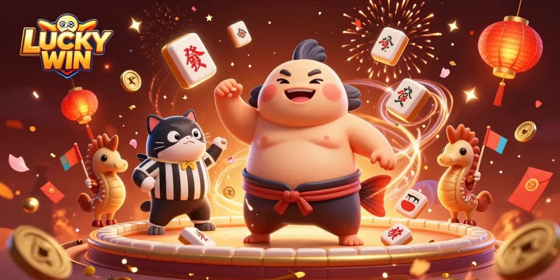 LUCKYWIN features a lively underwater scene with a fugu in a sumo belt, showcasing engaging gambling elements.