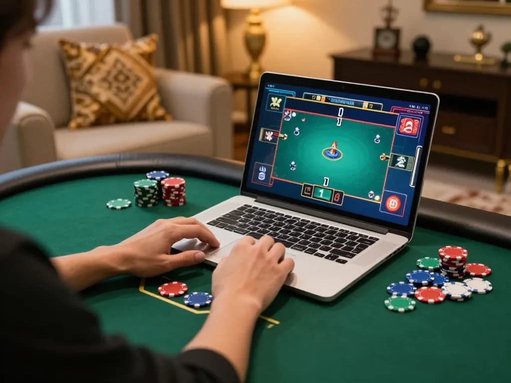Player enjoying online poker at home, showcasing 804 club gaming experience in vibrant atmosphere.