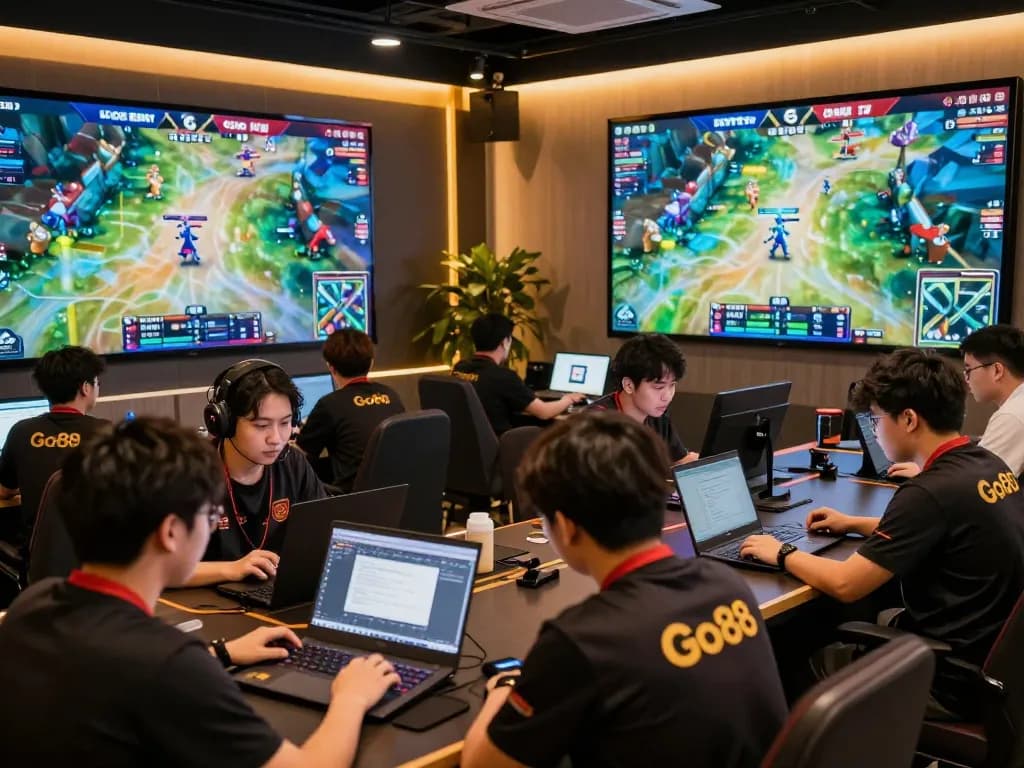 Players engaging with Go88 platform on laptops at online gaming event, showcasing excitement and strategies.