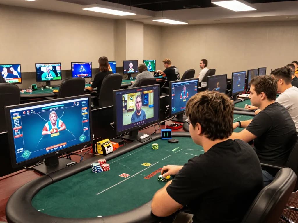 Players engaging in online poker strategies on 92slot.net with an immersive gaming setup.