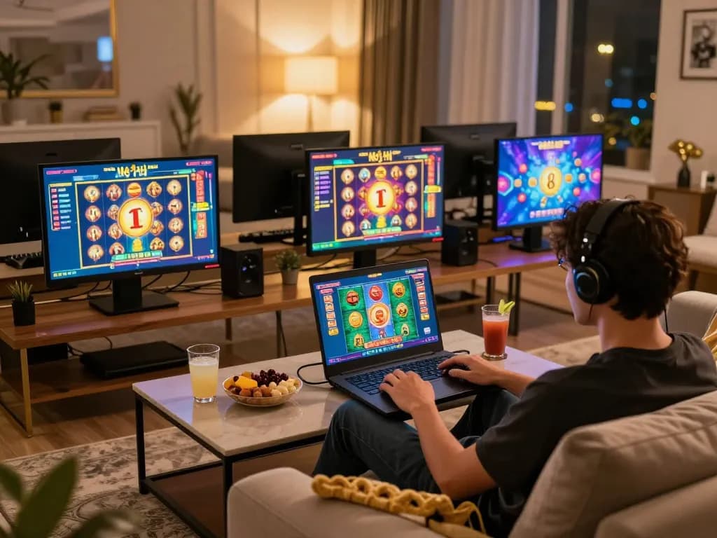 Nổ Hũ gameplay showcasing a player engaged in slot gaming at home with a laptop and vibrant screens.