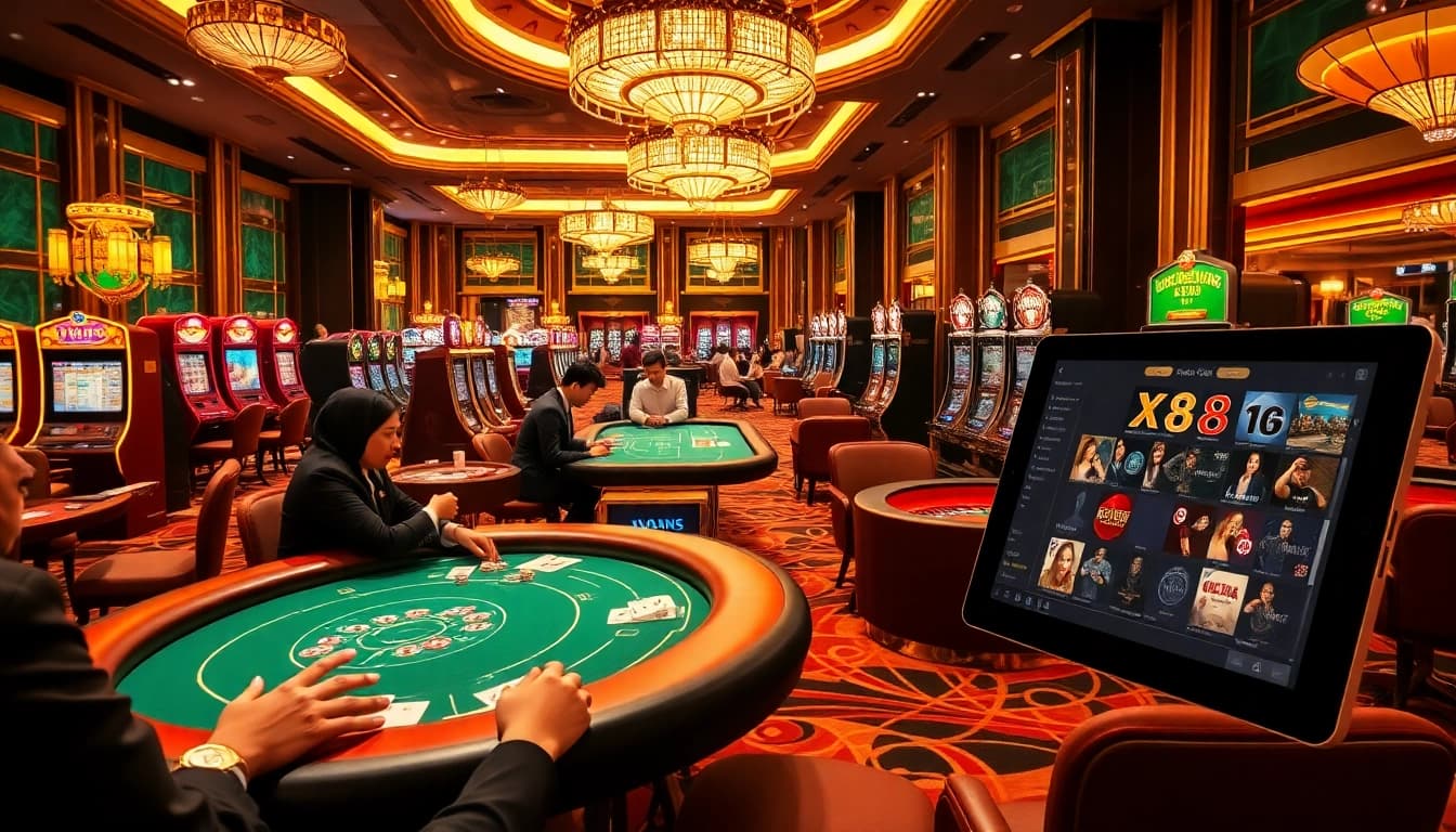 Engaging scene of players enjoying games at nhà cái X88 casino, showcasing thrilling roulette and poker action.