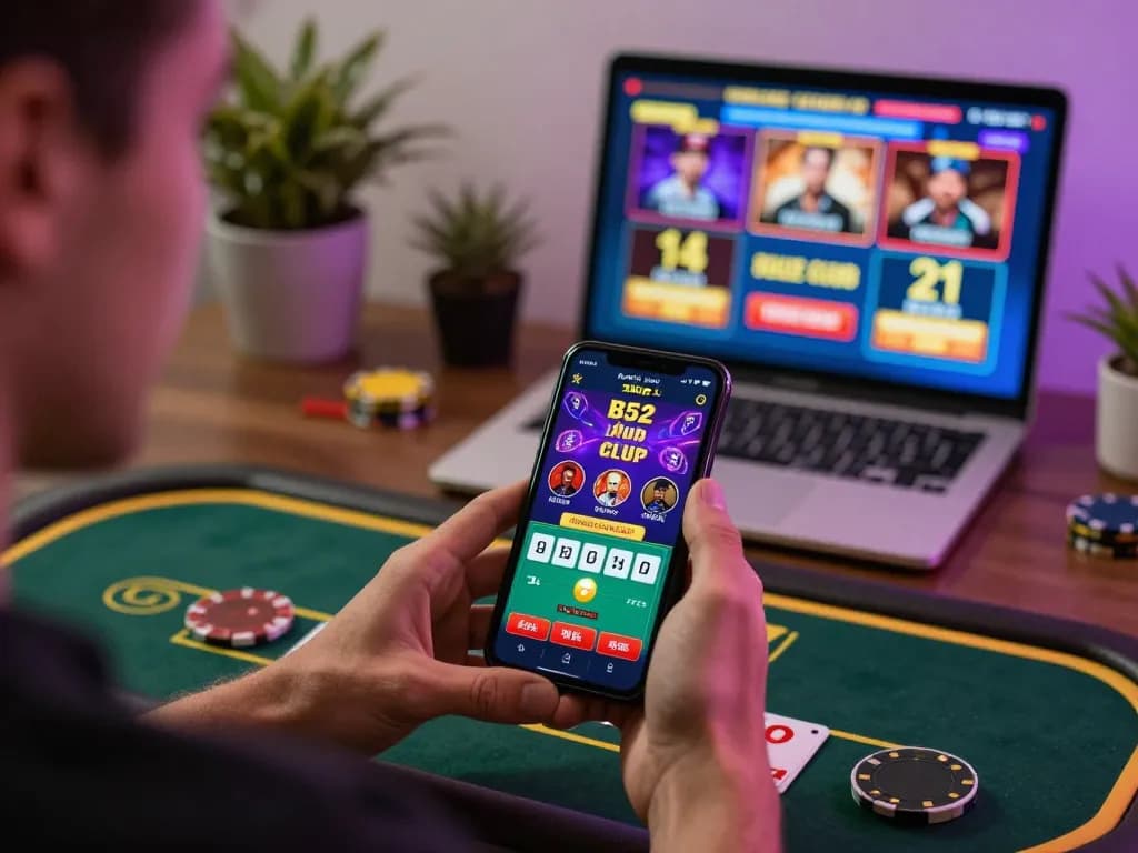 B52 club mobile app being used for online gambling with engaging live dealer screen.