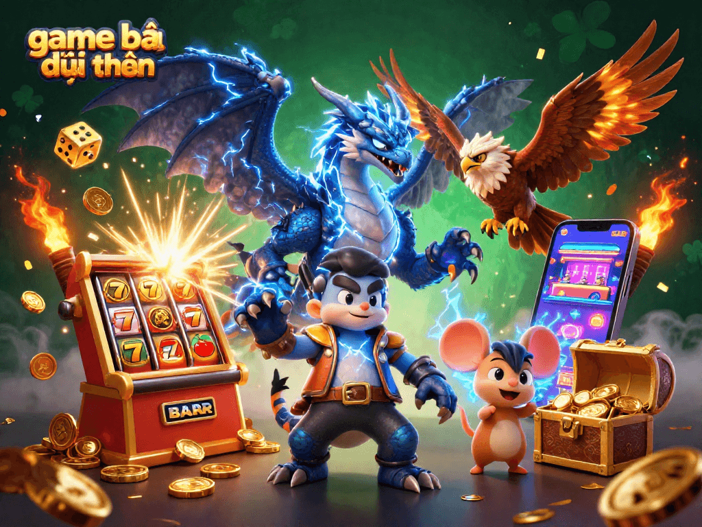 Win big with thrilling game bài đổi thưởng featured in a vibrant 3D casino scene filled with dynamic action.