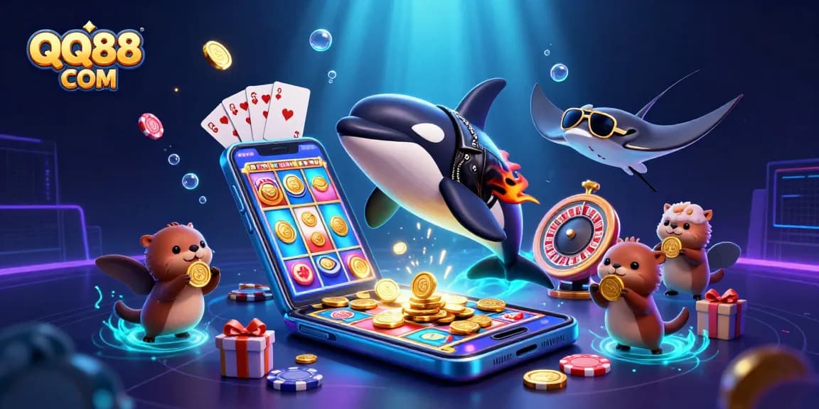 Engage with QQ88 COM in a vibrant 3D illustration featuring a dynamic casino scene with animated characters and exciting game elements.