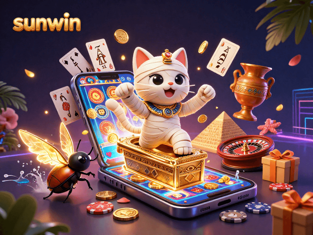 Engage with the sunwin casino experience featuring a mummy cat in a vibrant 3D scene.