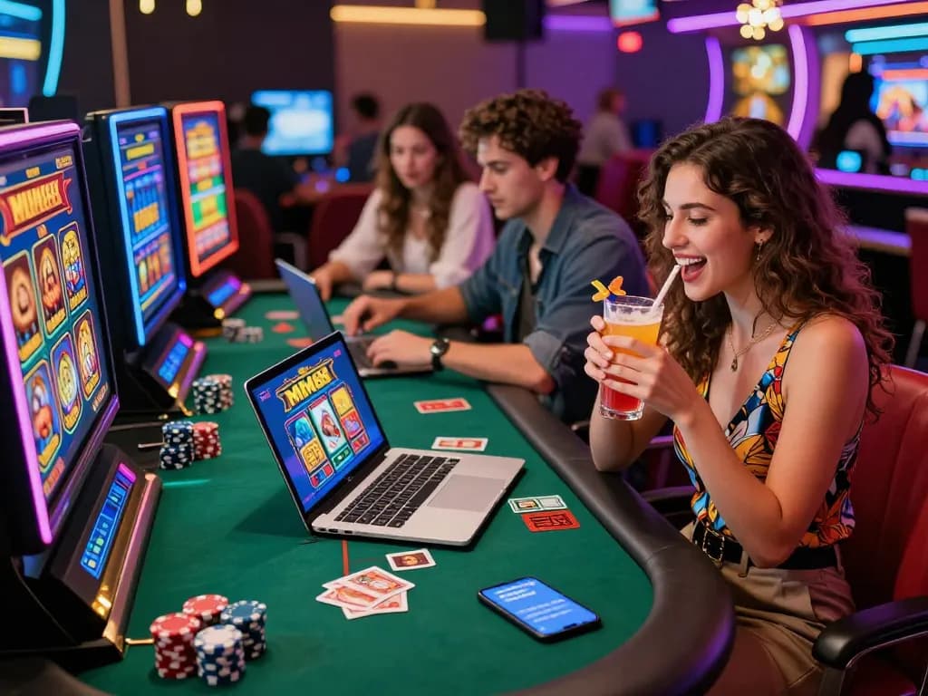 Exciting online gaming experience with MM88, friends enjoying casino games and vibrant atmosphere.
