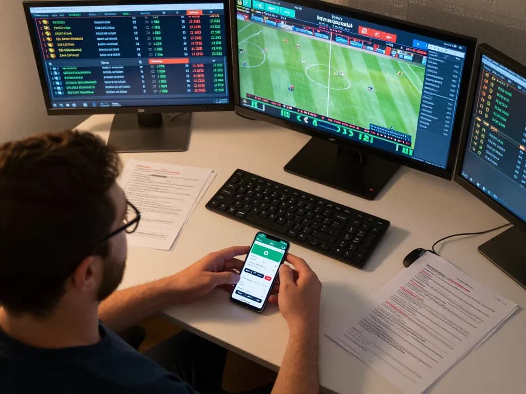 Engaging in kèo nhà cái with a well-organized home betting setup, showing multiple screens and strategies in focus.