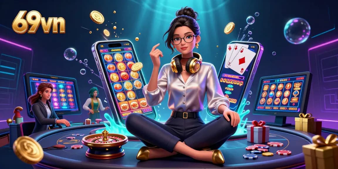 Engage in thrilling games on 69vn with a vibrant 3D casino illustration featuring immersive slot machines.