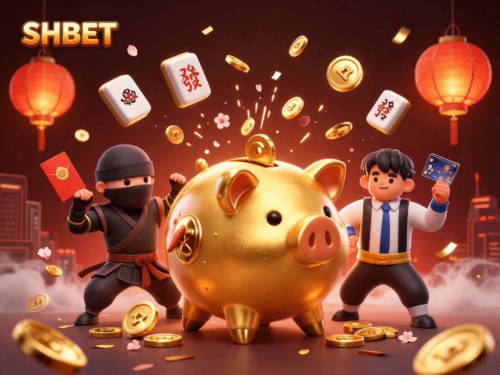 Experience thrilling action at SHBET: A golden piggy bank sumo wrestler triumphs in dynamic casino battle.