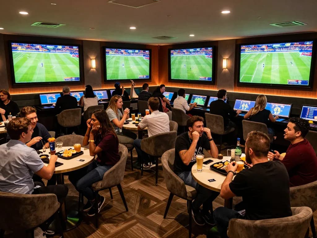 Sports betting scene showing excitement at nhandinhkeonhacai lounge with fans cheering and screens displaying games