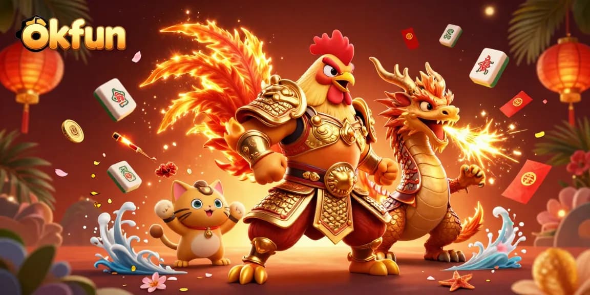 Engage with okfun's dynamic gaming scene featuring a fighting rooster and a dragon amidst casino-themed elements.