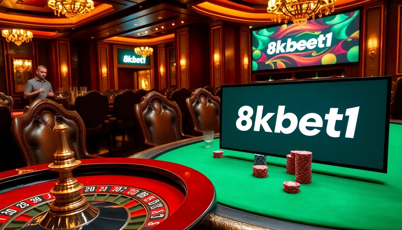 Experience the excitement of gambling at 8kbet1's luxurious poker table with chips and cards.