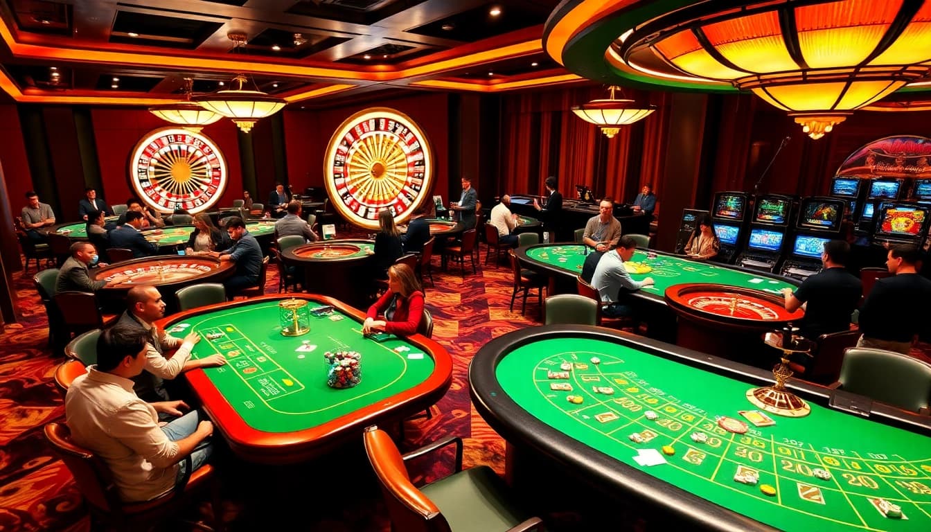 Exciting gaming scene at Nhà Cái 68VIP with vibrant tables and engaged players.