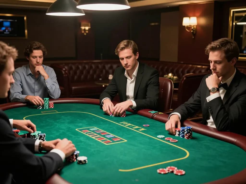 va88 players strategizing bets at elite poker table in upscale casino atmosphere