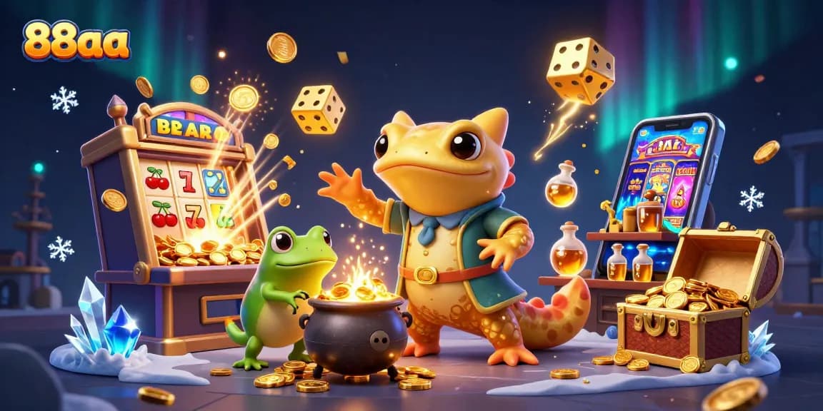 Experience thrilling wins at 88aa with alchemist characters, slot machines, and golden treasures in vibrant animation.