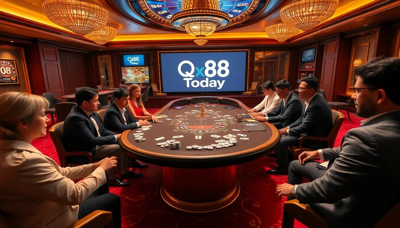 High-stakes poker excitement at QQ88 Today with elegantly dressed players and luxurious gaming elements.
