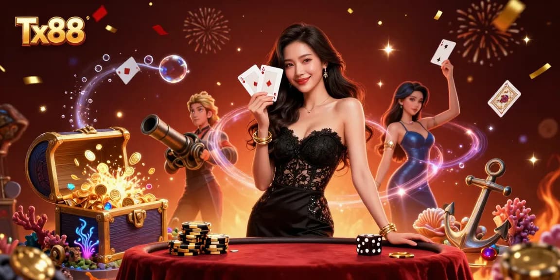 Engage in thrilling gameplay at Tx88 with elegant casino visuals featuring poker cards and chips.