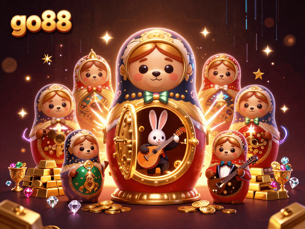 Experience the excitement of go88 with vibrant casino-themed 3D illustration featuring enchanting characters and treasures.