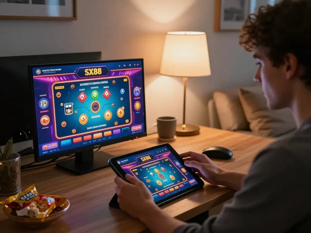 Player engaged in online betting at https://sx88.bio/ with tablet showing casino app in a cozy home setup