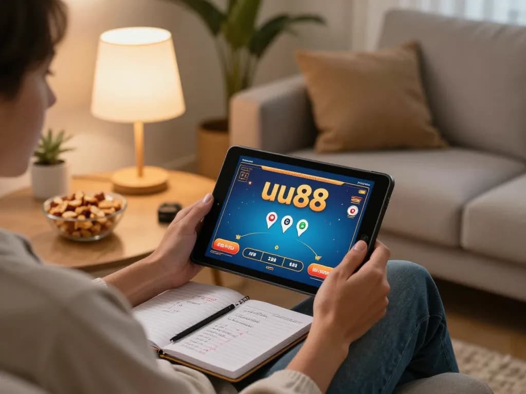 Player engaged in online casino action at uu88, showcasing a tablet poker interface in cozy setting.