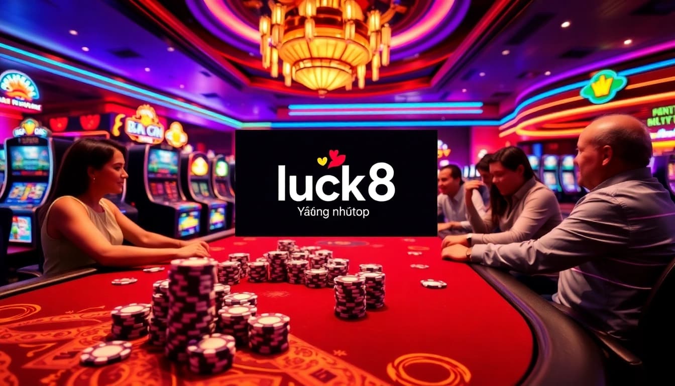 Experience luck8 đăng nhập at a luxurious casino with lively gaming tables and vibrant slot machines.