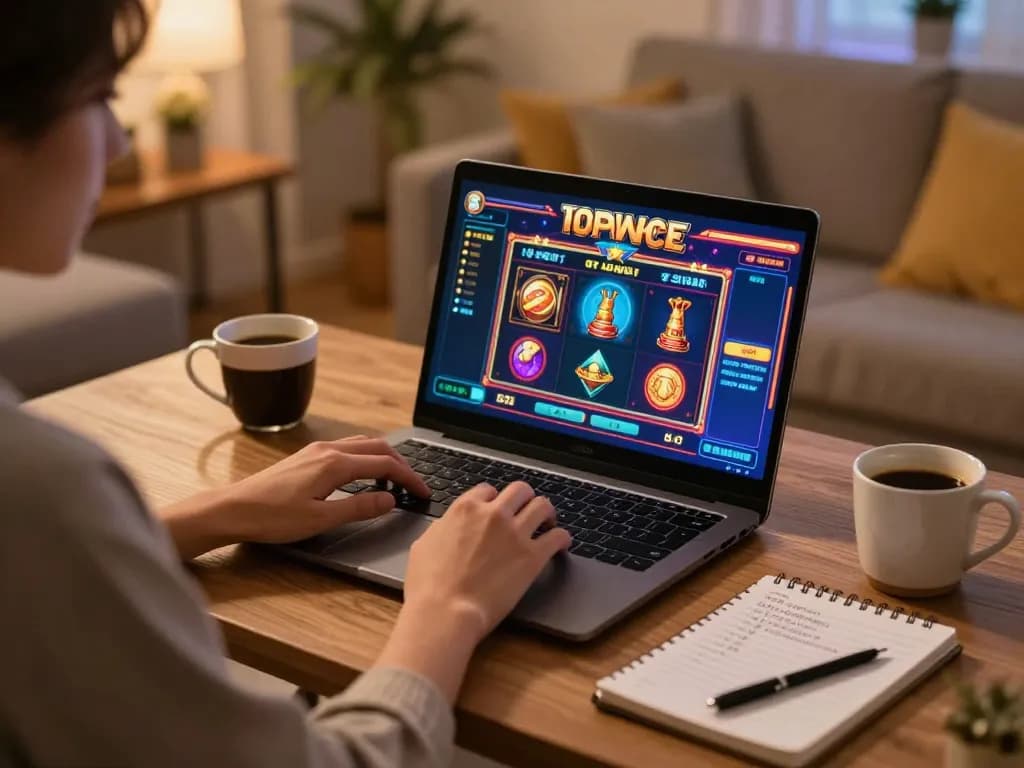 Win88 player enjoying online slots at home desk with strategy notes and warm lighting.
