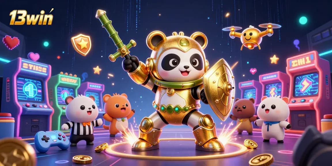 Engage in thrilling gameplay at 13win with a golden panda and colorful arcade machines.
