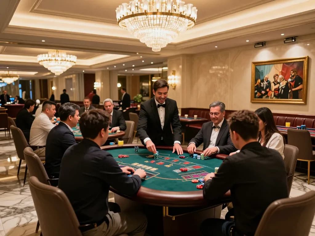 Players engaging at the blackjack tables in a luxury casino, f8betlv offers an upscale gambling experience with winning strategies.