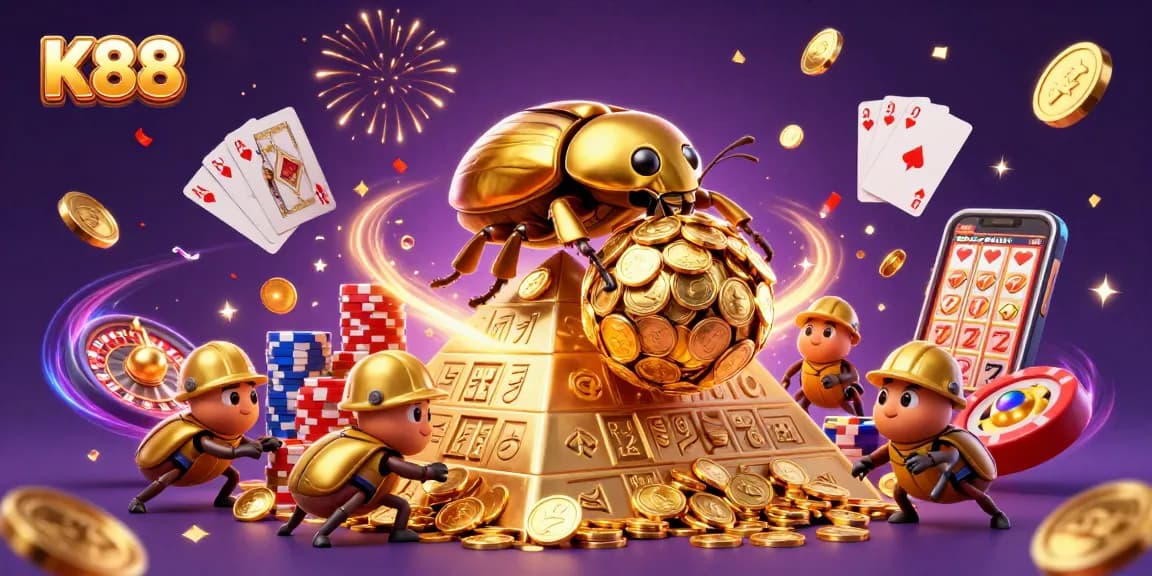 K88 provides a vibrant casino experience with animated scenes of rolling golden coins and game excitement.