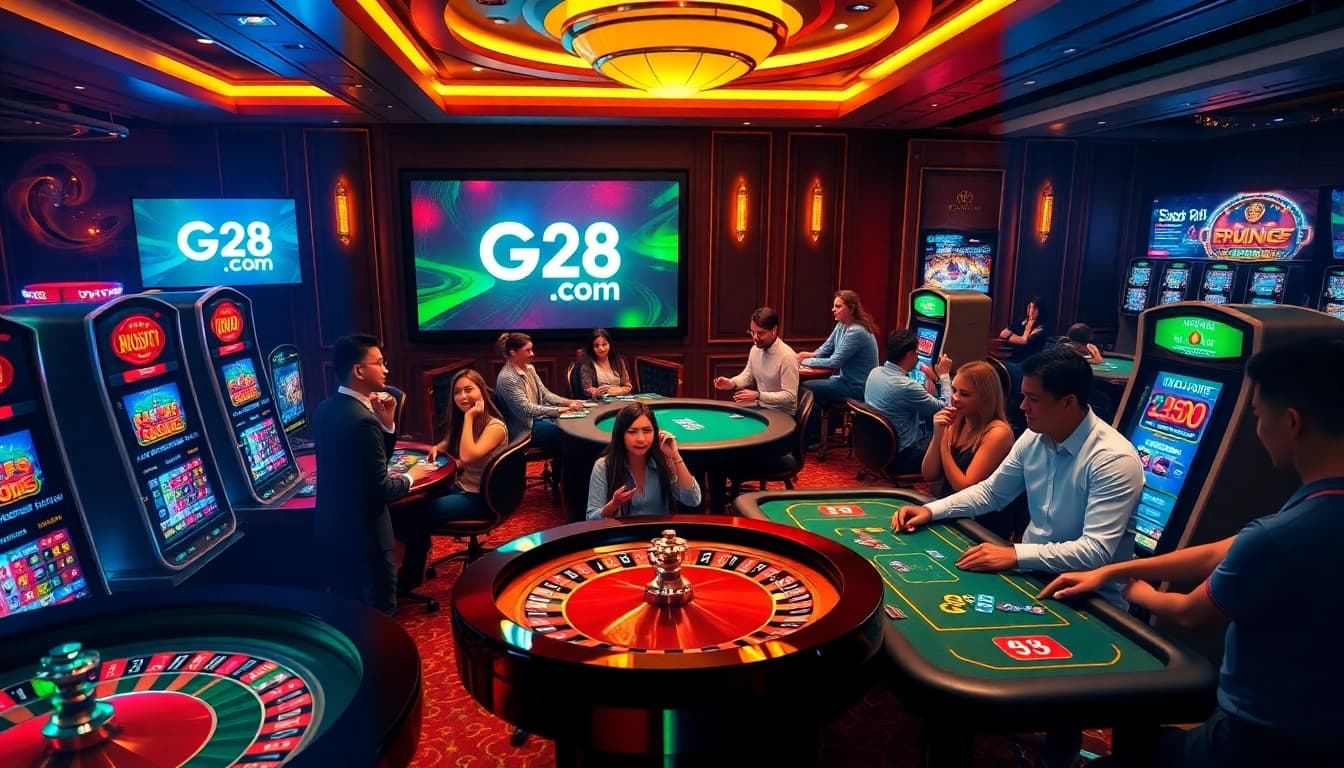 Exciting online gambling moment at G28 com with players at poker and roulette tables.