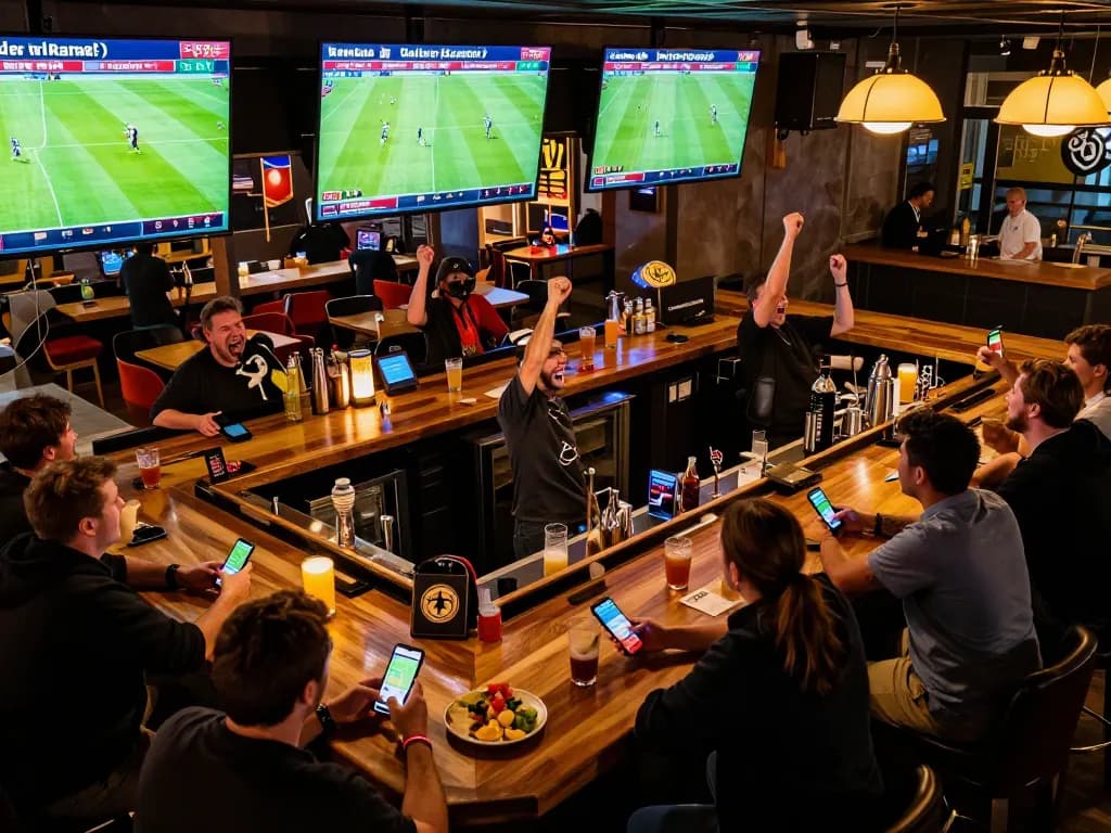 Engaged patrons making nhận định bóng đá bets on their smartphones during live sports events.