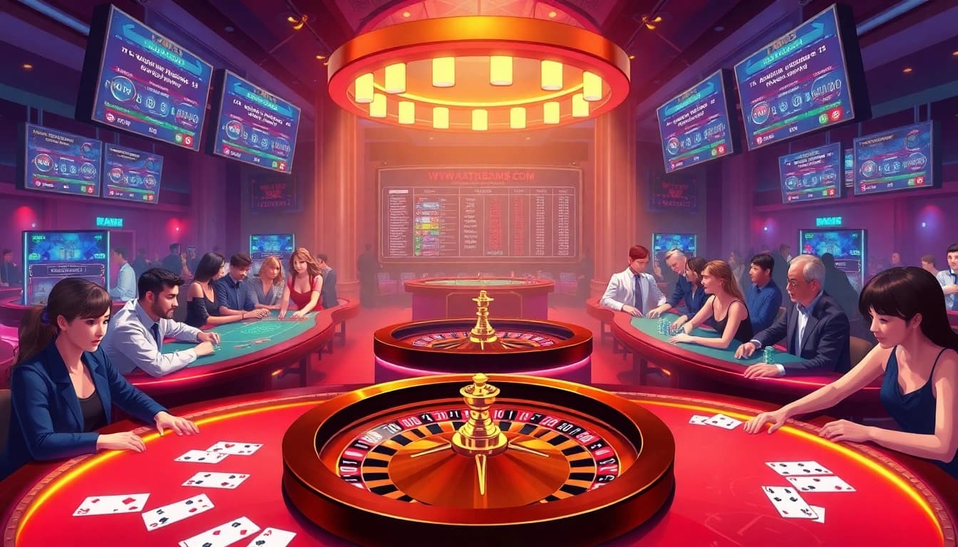 Experience thrilling gameplay at https://bem88.com with a vibrant casino scene featuring roulette and poker tables.