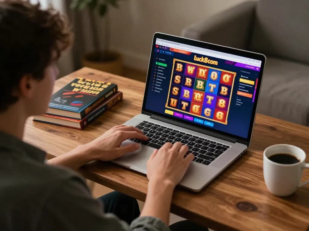 Person playing luck8com online casino games on a laptop in a cozy setting.