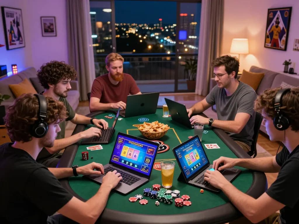 Players enjoying online Bomwin gaming experience in a vibrant home setting with cards and snacks.