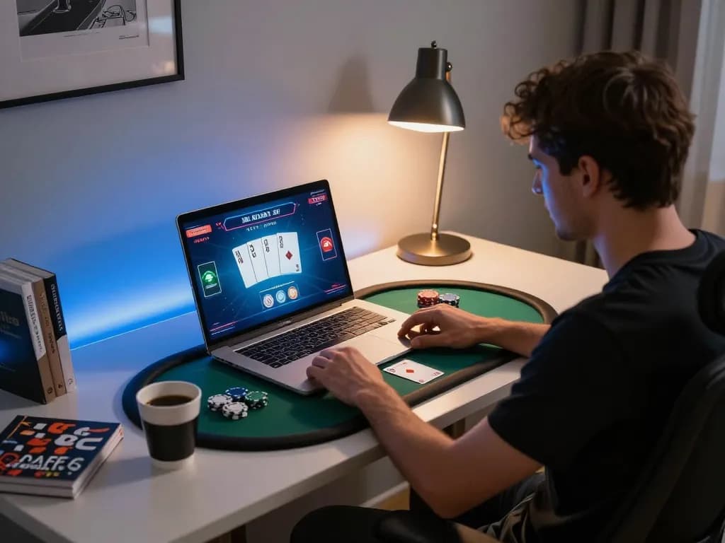 PUB88 online poker gameplay with focused player using laptop in a stylish home setup.